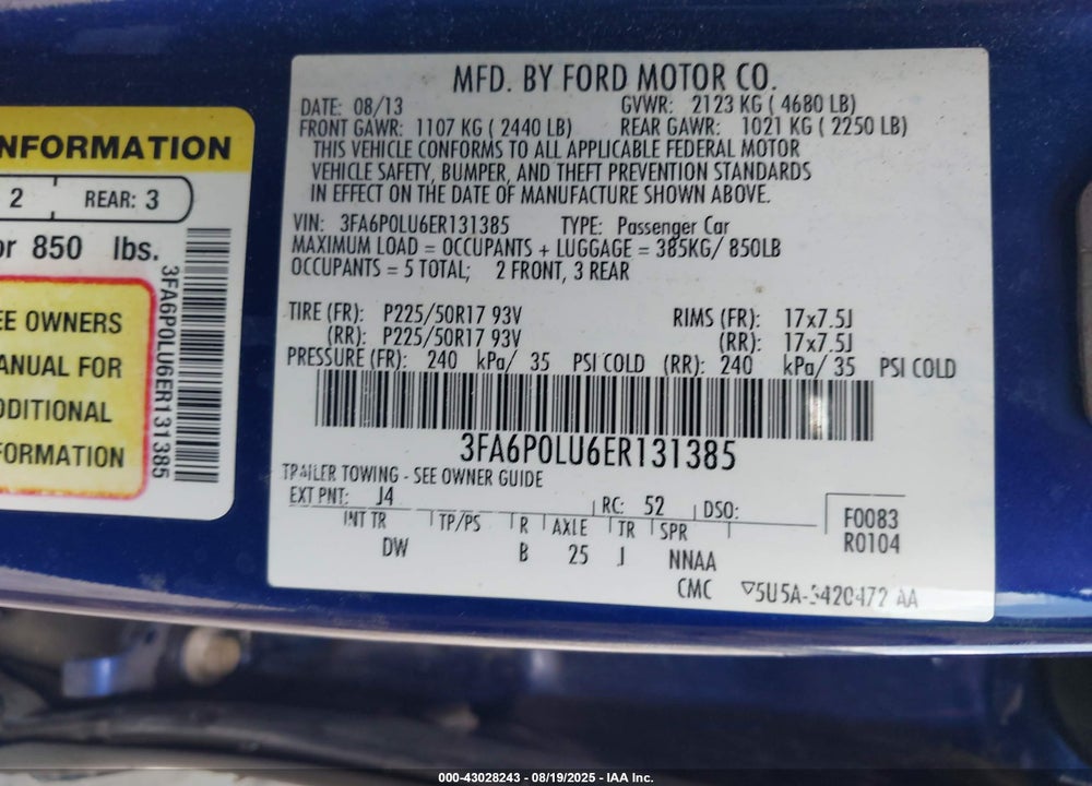 2014 FORD FUSION HYBRID SE VIN: 3FA6P0LU6ER131385