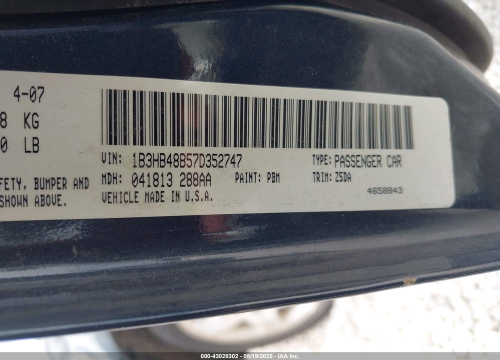 2007 DODGE CALIBER SXT VIN: 1B3HB48B57D352747