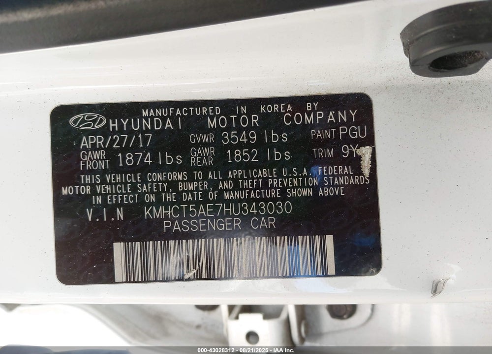 2017 HYUNDAI ACCENT SE VIN: KMHCT5AE7HU343030
