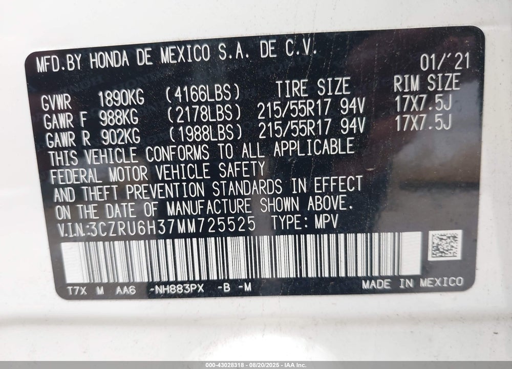 2021 HONDA HR-V AWD LX VIN: 3CZRU6H37MM725525