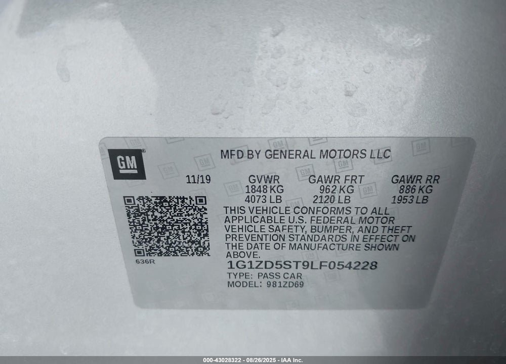 2020 CHEVROLET MALIBU VIN: 1G1ZD5ST9LF054228