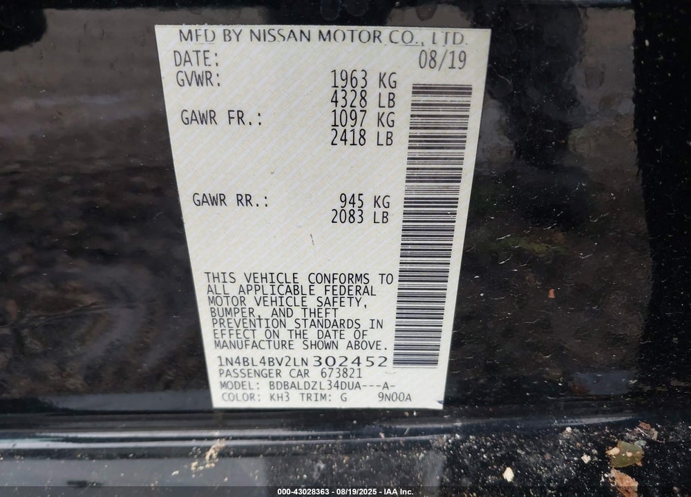 2020 NISSAN ALTIMA VIN: 1N4BL4BV2LN302452