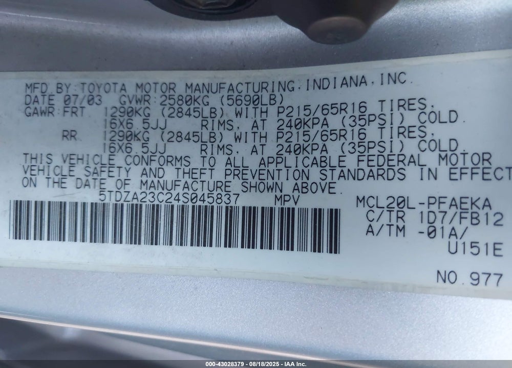 2004 TOYOTA SIENNA LE VIN: 5TDZA23C24S045837