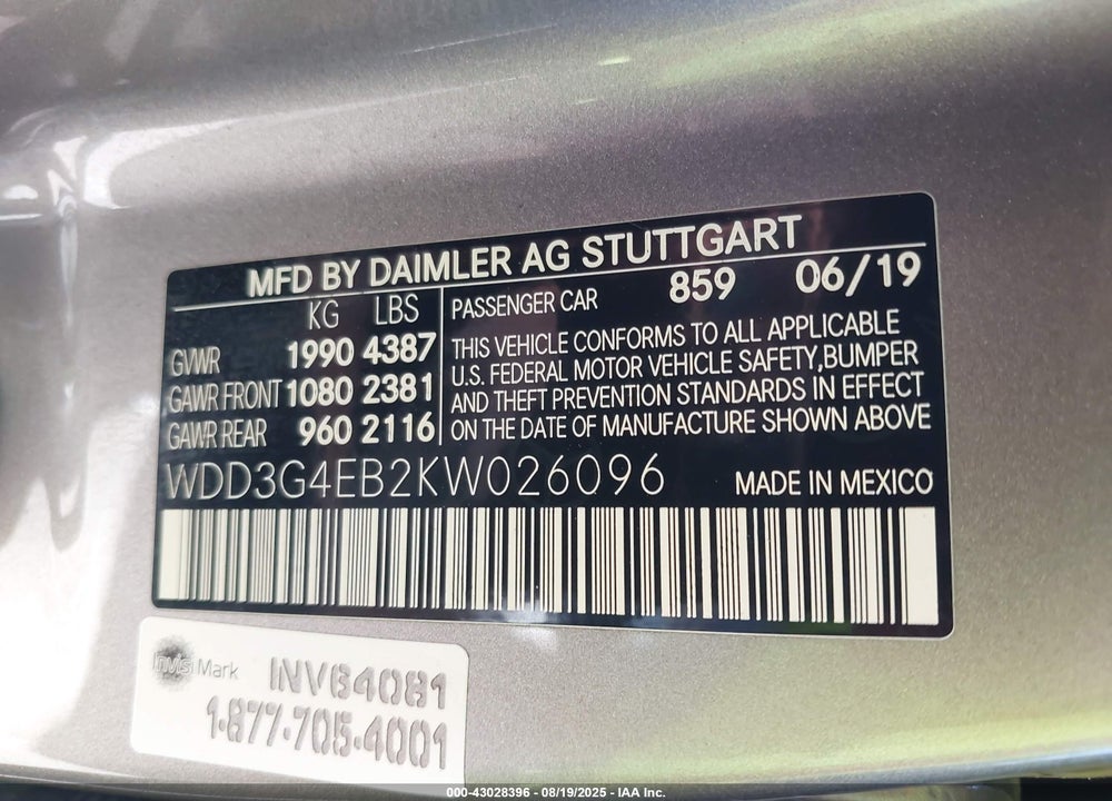2019 MERCEDES-BENZ A-CLASS VIN: WDD3G4EB2KW026096