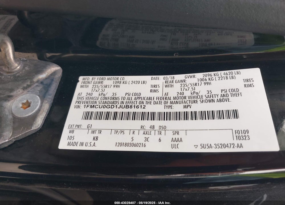 2018 FORD ESCAPE SE VIN: 1FMCU0GD1JUB81612