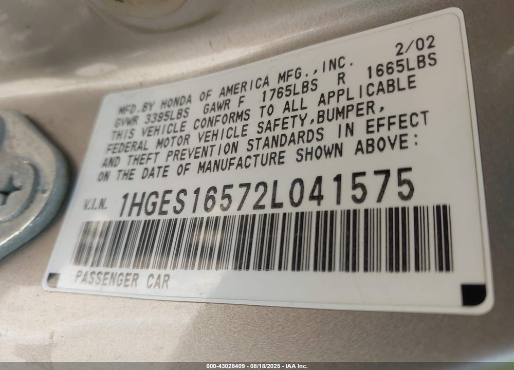2002 HONDA CIVIC VIN: 1HGES16572L041575