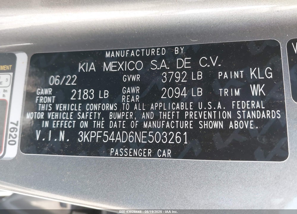 2022 KIA FORTE VIN: 3KPF54AD6NE503261