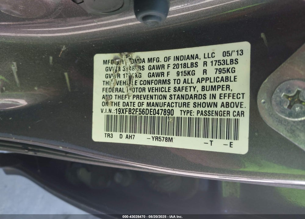 2013 HONDA CIVIC LX VIN: 19XFB2F56DE047890