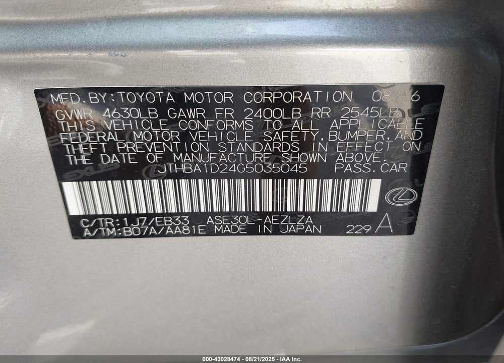 2016 LEXUS IS 200T VIN: JTHBA1D24G5035045