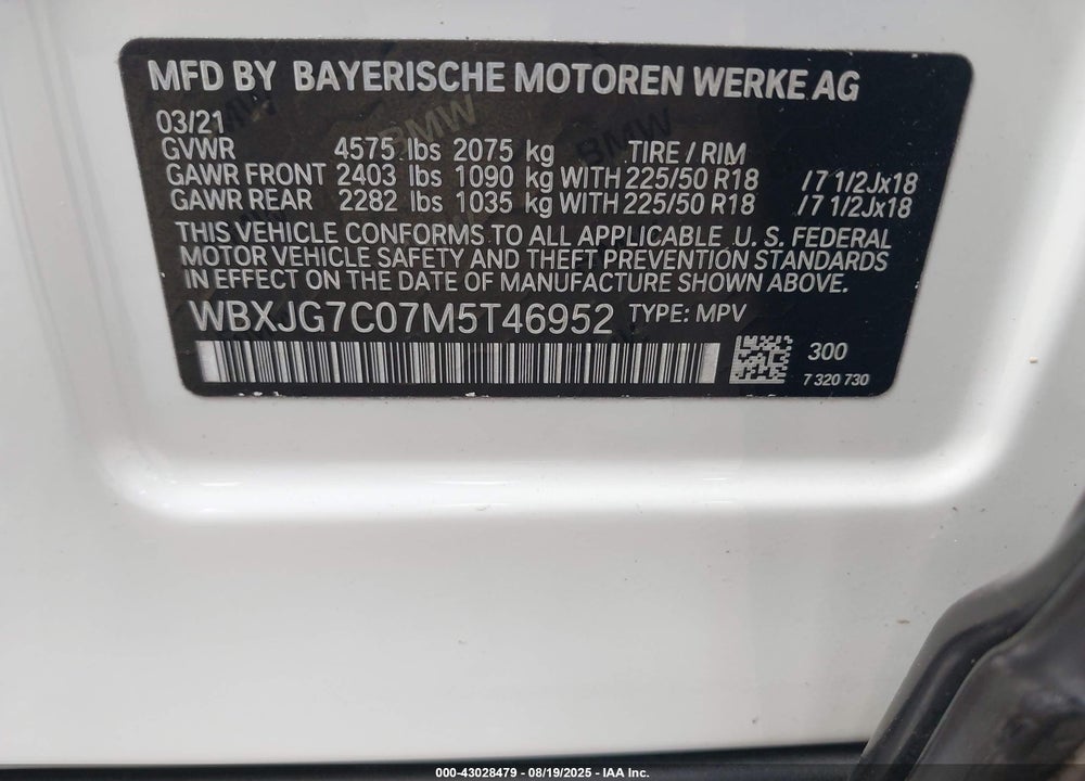 2021 BMW X1 VIN: WBXJG7C07M5T46952