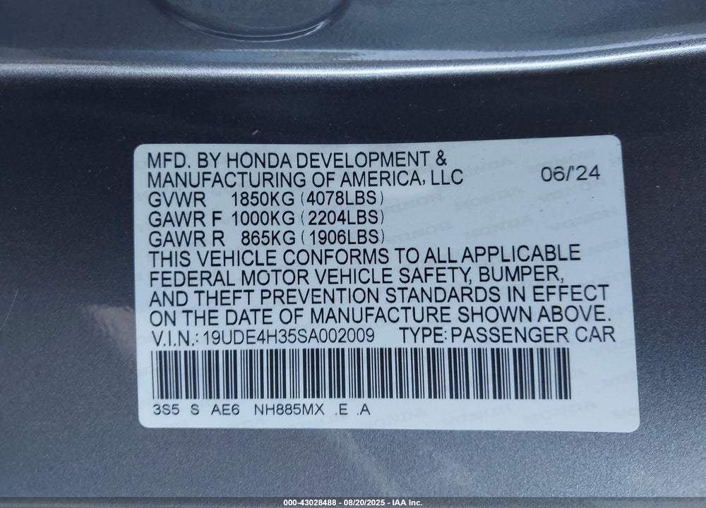 2025 ACURA INTEGRA VIN: 19UDE4H35SA002009