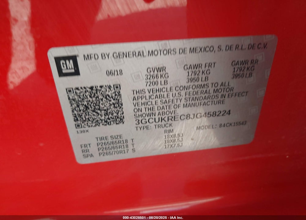 2018 CHEVROLET SILVERADO 1500 VIN: 3GCUKREC8JG458224