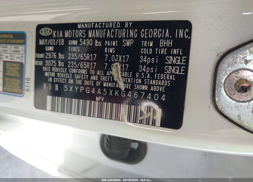 2019 KIA SORENTO VIN: 5XYPG4A5XKG467404