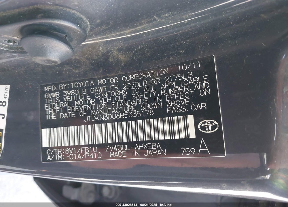 2011 TOYOTA PRIUS VIN: JTDKN3DU6B5335178
