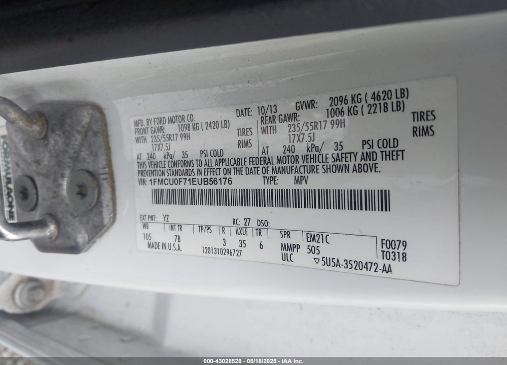 2014 FORD ESCAPE S VIN: 1FMCU0F71EUB56176