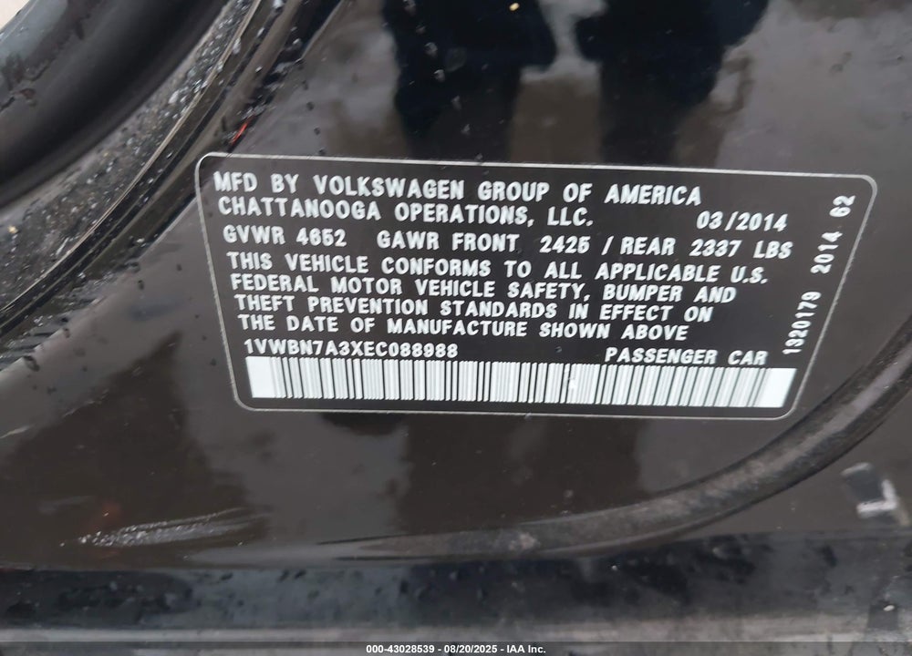 2014 VOLKSWAGEN PASSAT VIN: 1VWBN7A3XEC088988