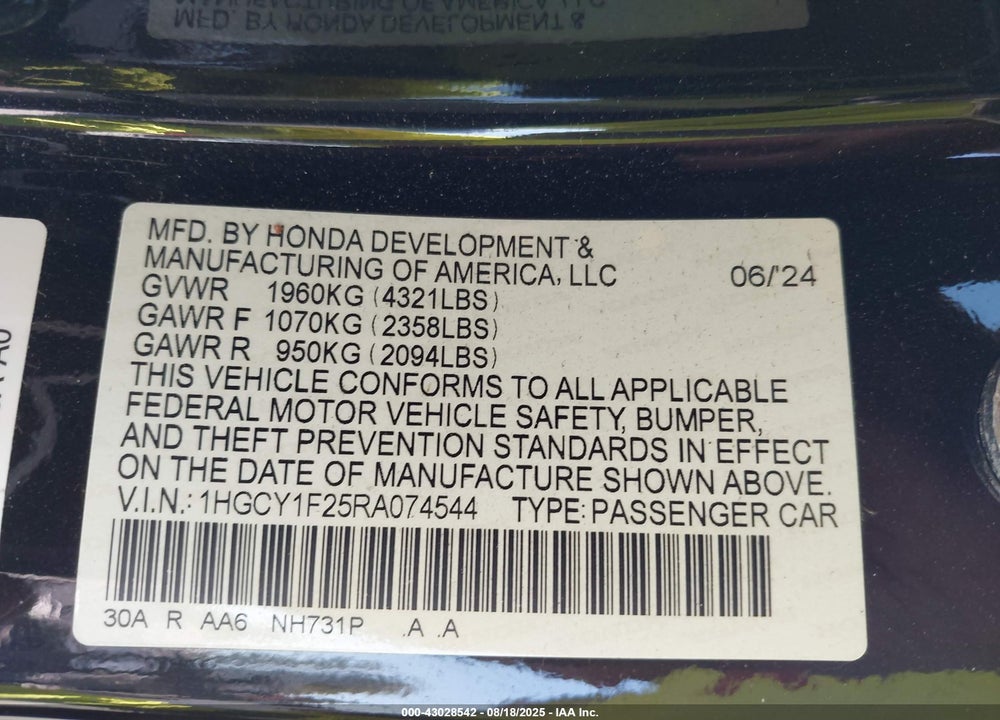 2024 HONDA ACCORD LX VIN: 1HGCY1F25RA074544