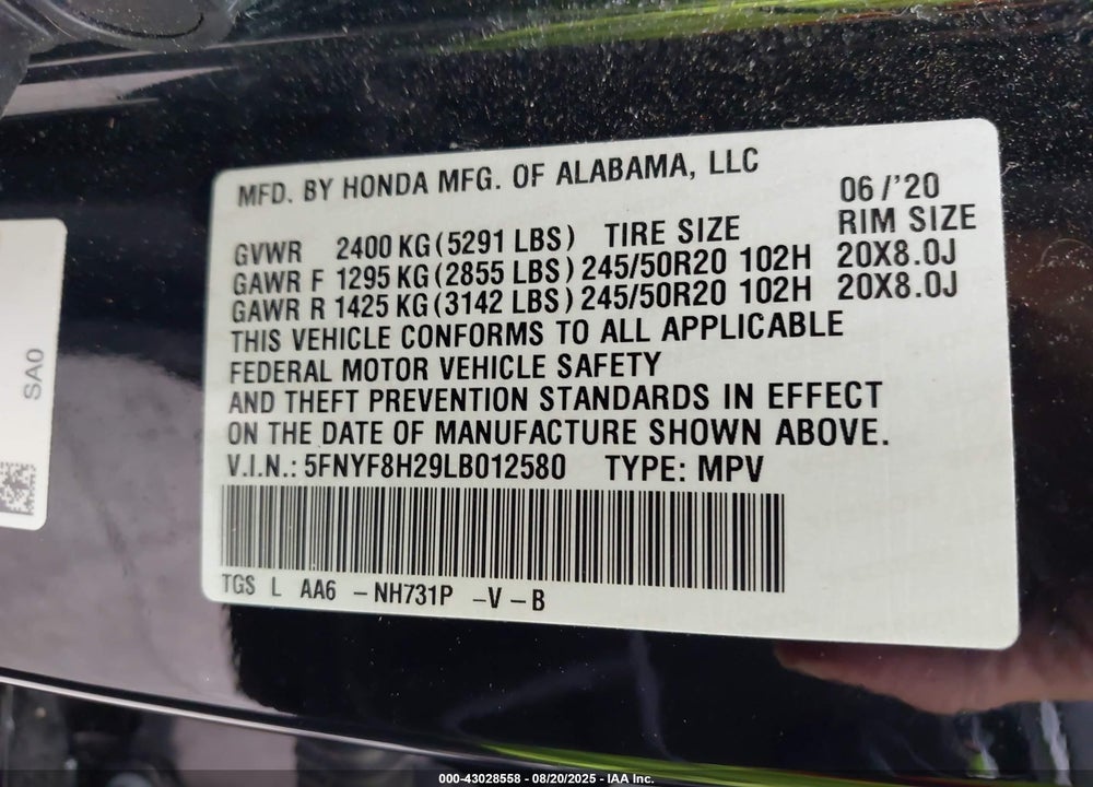 2020 HONDA PASSPORT AWD SPORT VIN: 5FNYF8H29LB012580