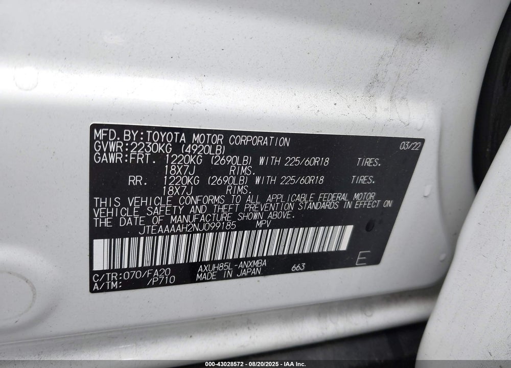 2022 TOYOTA VENZA VIN: JTEAAAAH2NJ099185
