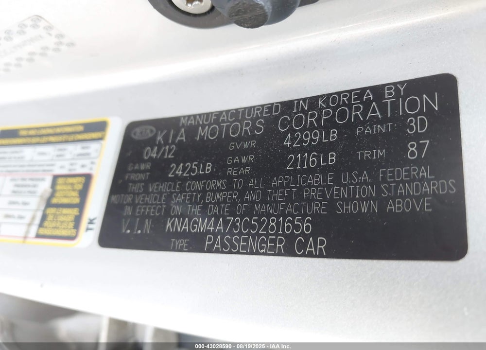 2012 KIA OPTIMA LX VIN: KNAGM4A73C5281656