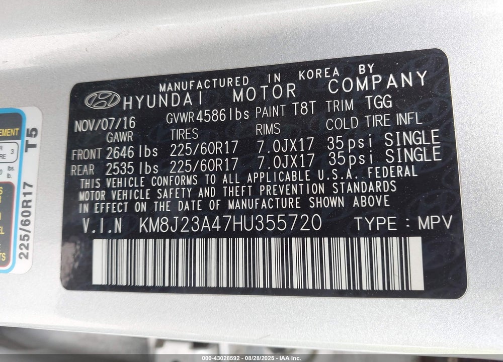2017 HYUNDAI TUCSON VIN: KM8J23A47HU355720