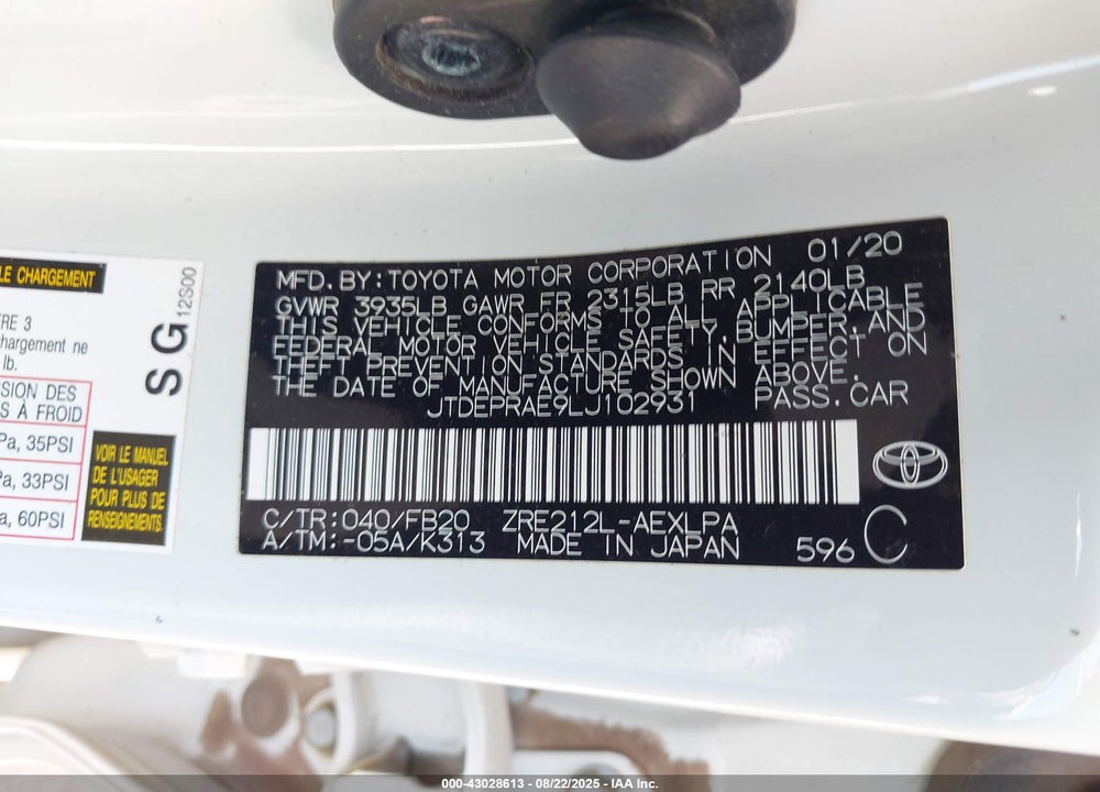 2020 TOYOTA COROLLA LE VIN: JTDEPRAE9LJ102931