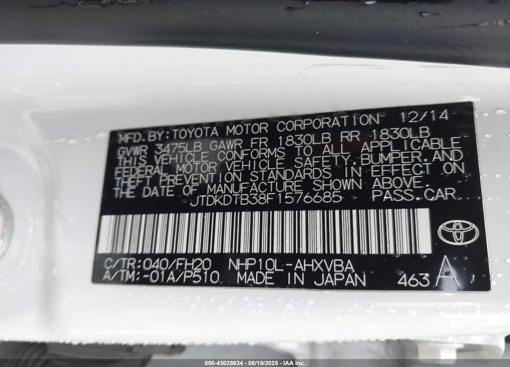 2015 TOYOTA PRIUS C VIN: JTDKDTB38F1576685
