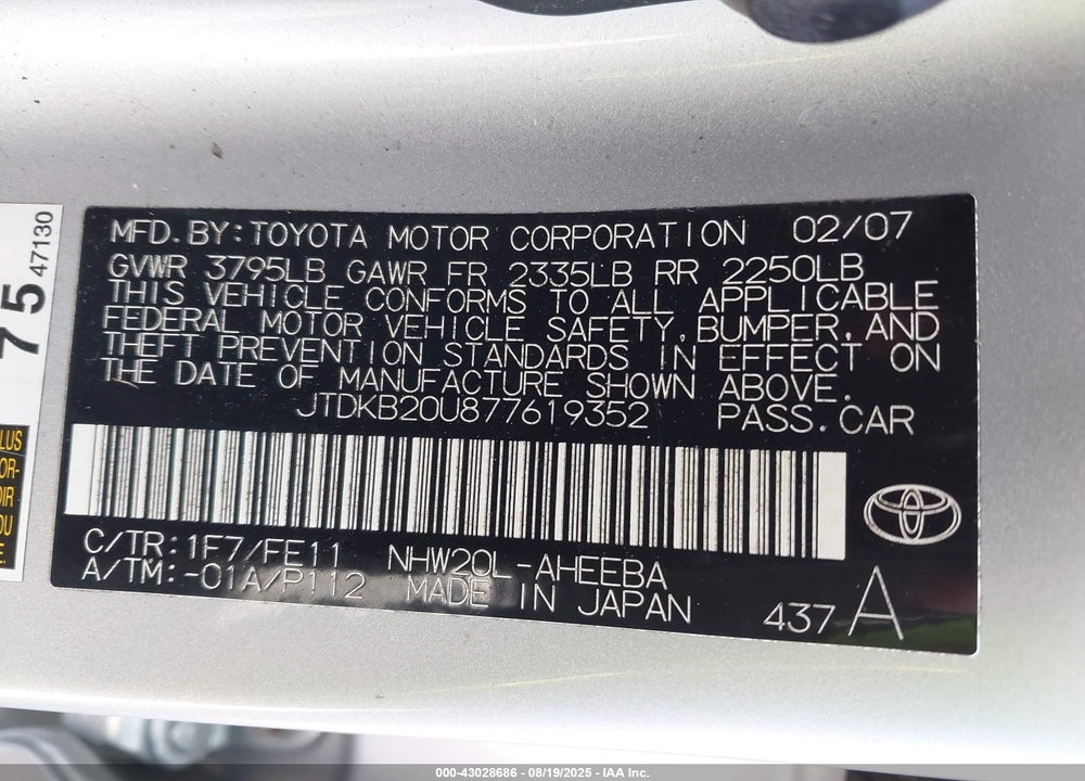 2007 TOYOTA PRIUS VIN: JTDKB20U877619352