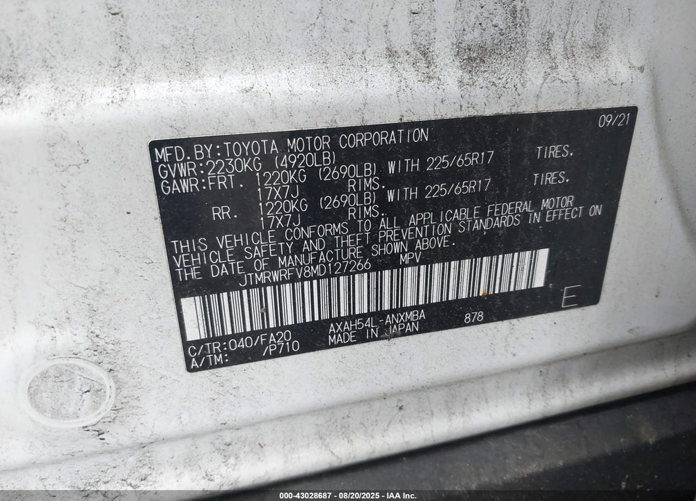 2021 TOYOTA RAV4 HYBRID XLE VIN: JTMRWRFV8MD127266