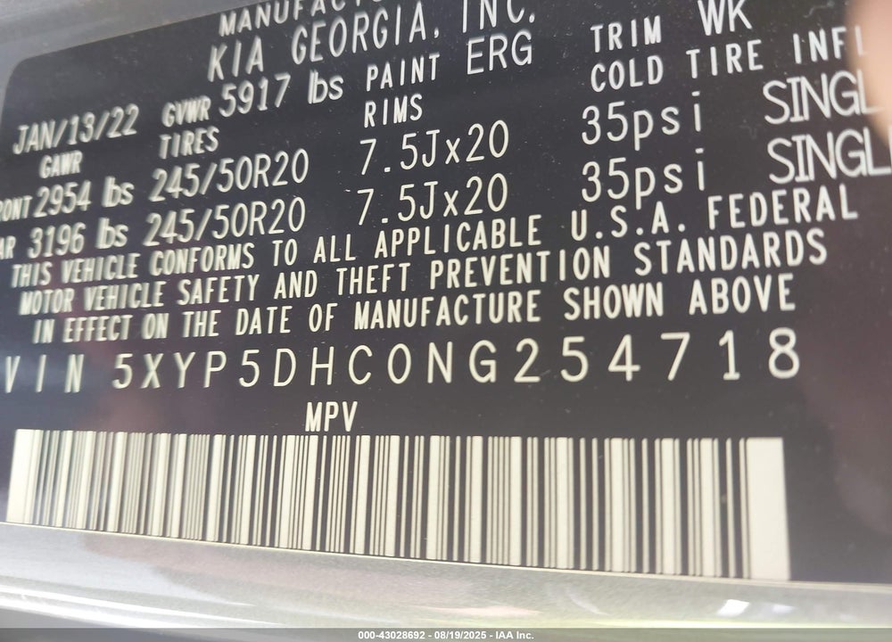 2022 KIA TELLURIDE VIN: 5XYP5DHC0NG254718