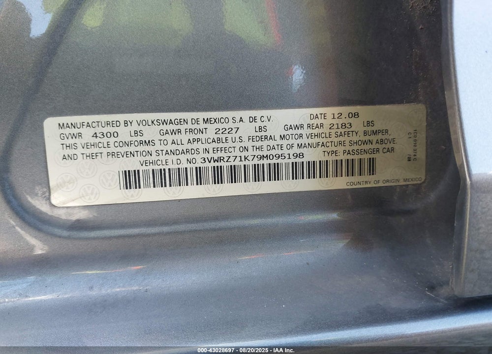 2009 VOLKSWAGEN JETTA VIN: 3VWRZ71K79M095198