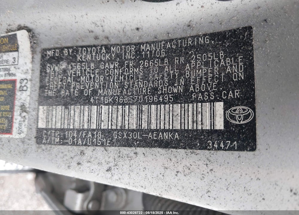 2007 TOYOTA AVALON XL VIN: 4T1BK36B57U196495