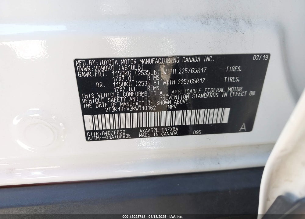2019 TOYOTA RAV4 VIN: 2T3K1RFV3KW010162