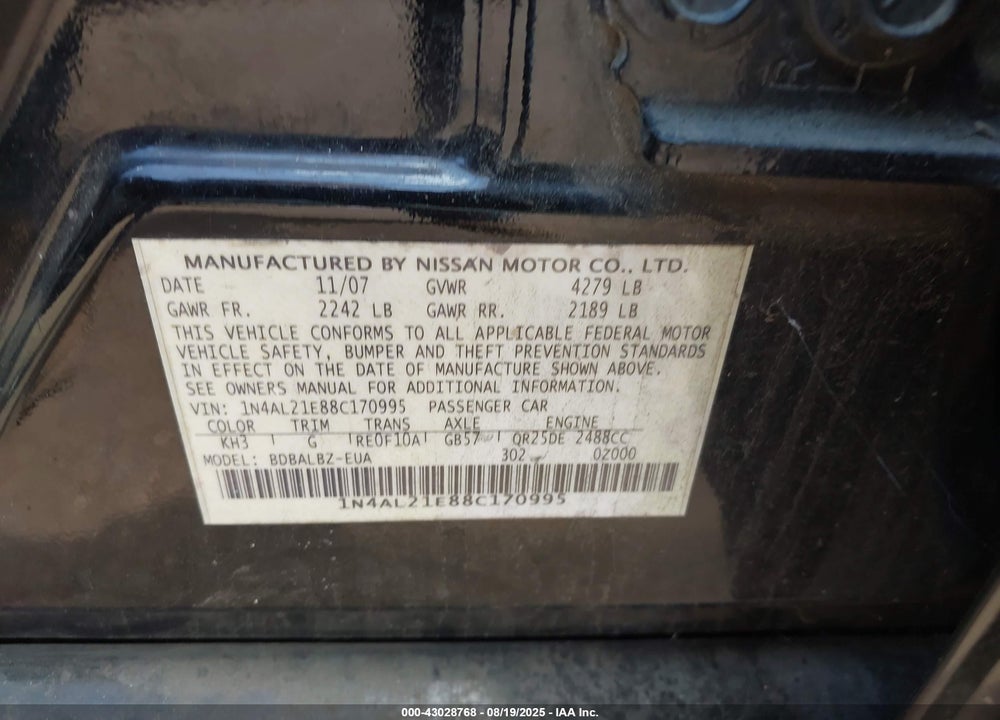 2008 NISSAN ALTIMA VIN: 1N4AL21E88C170995