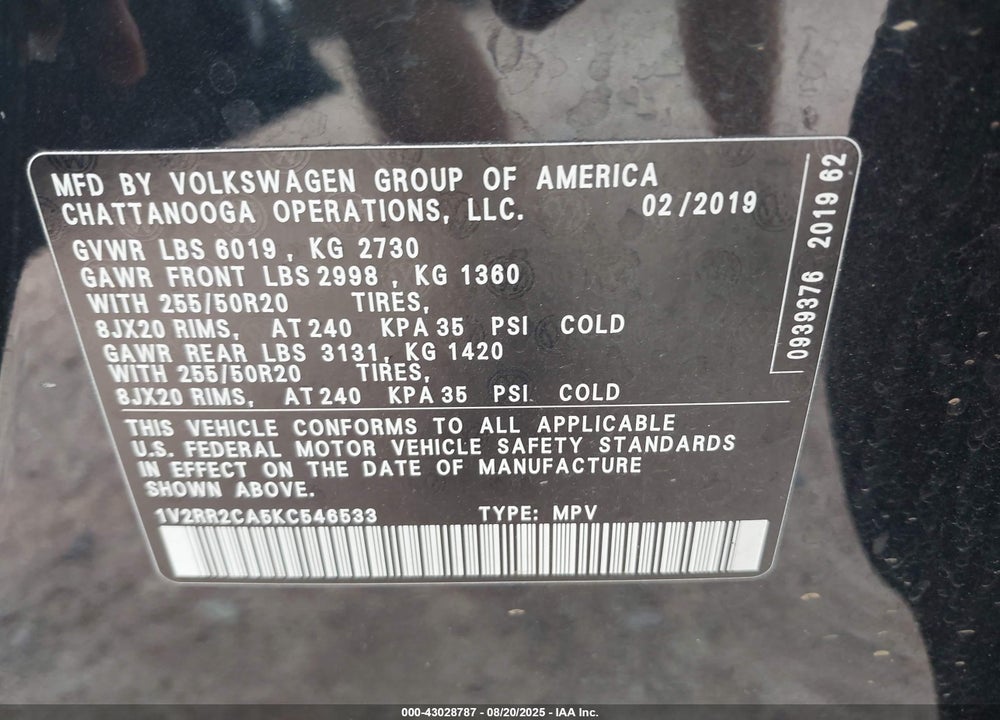 2019 VOLKSWAGEN ATLAS VIN: 1V2RR2CA5KC546533
