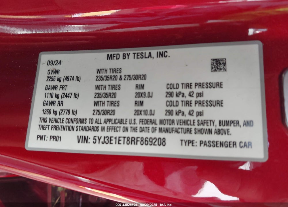 2024 TESLA MODEL 3 PERFORMANCE ALL-WHEEL DRIVE VIN: 5YJ3E1ET8RF869208