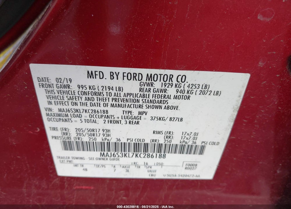 2019 FORD ECOSPORT VIN: MAJ6S3KL7KC286188