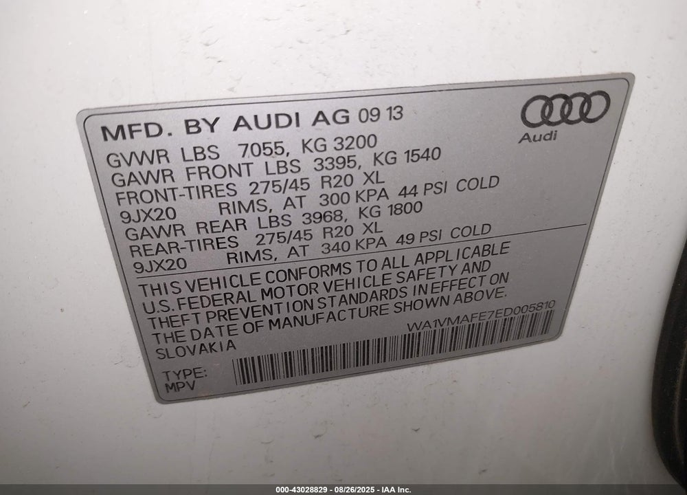 2014 AUDI Q7 3.0 TDI PREMIUM VIN: WA1VMAFE7ED005810