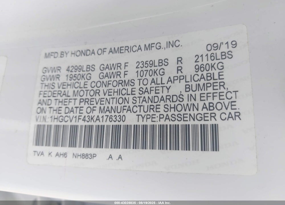 2019 HONDA ACCORD EX VIN: 1HGCV1F43KA176330