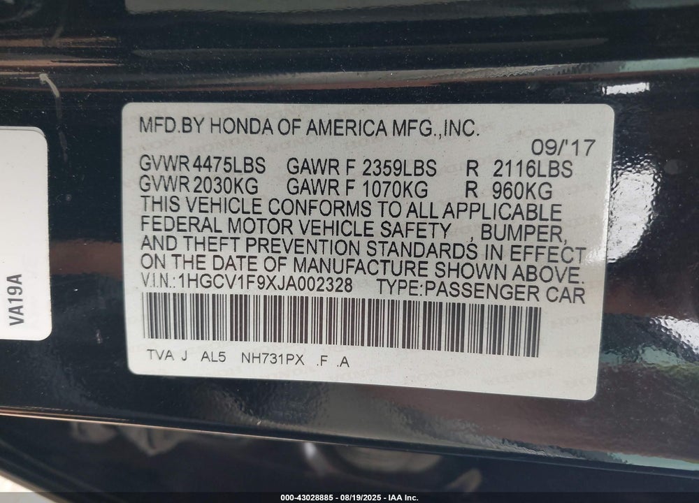 2018 HONDA ACCORD TOURING VIN: 1HGCV1F9XJA002328