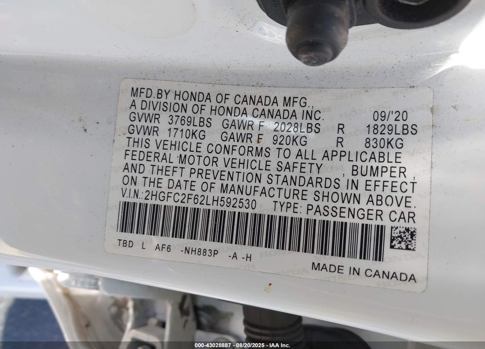 2020 HONDA CIVIC VIN: 2HGFC2F62LH592530
