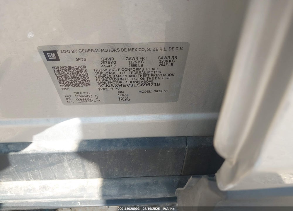 2020 CHEVROLET EQUINOX VIN: 3GNAXHEV3LS696716