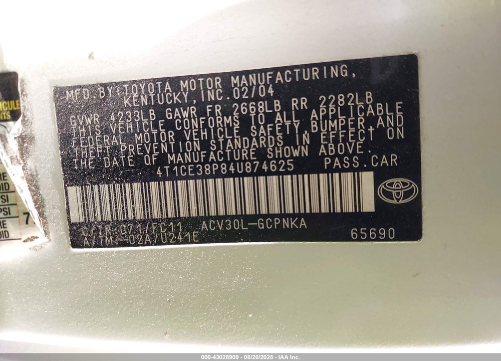 2004 TOYOTA CAMRY SOLARA SE SPORT VIN: 4T1CE38P84U874625