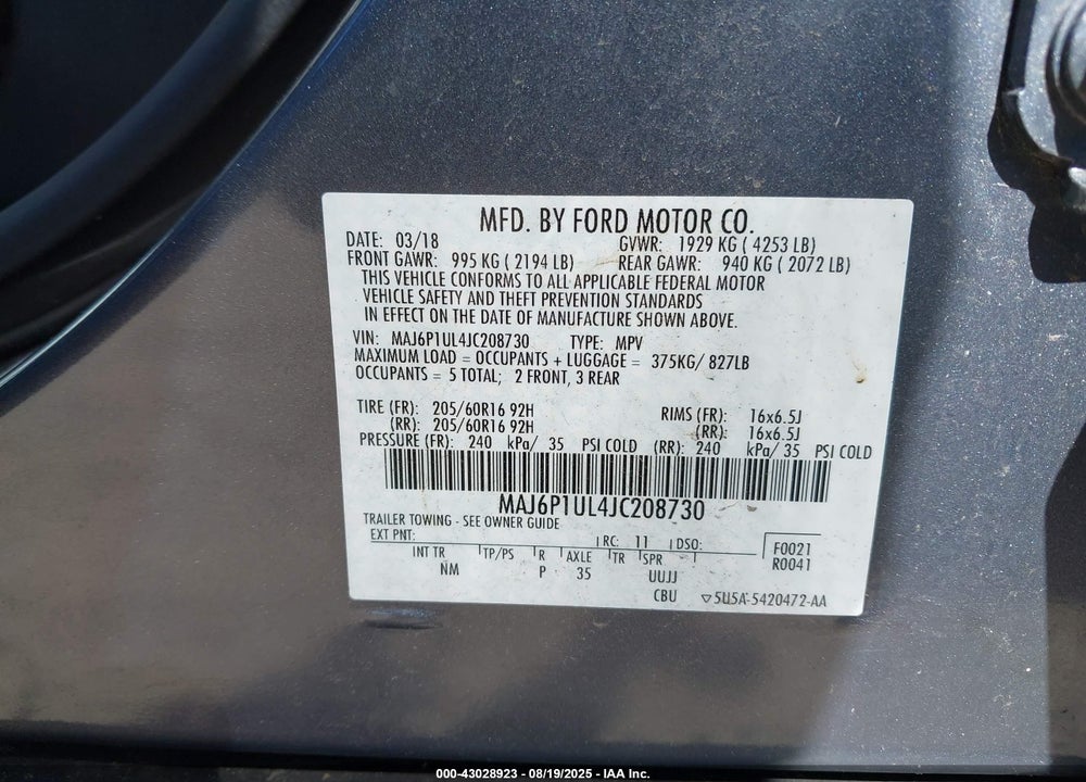 2018 FORD ECOSPORT VIN: MAJ6P1UL4JC208730