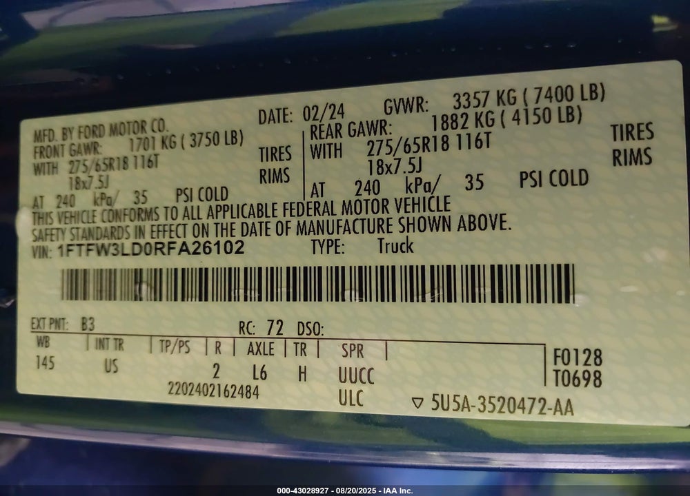 2024 FORD F-150 VIN: 1FTFW3LD0RFA26102