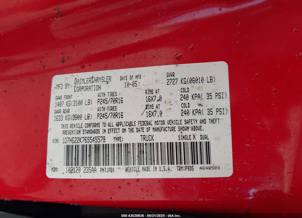 2006 DODGE DAKOTA VIN: 1D7HE22K76S545579