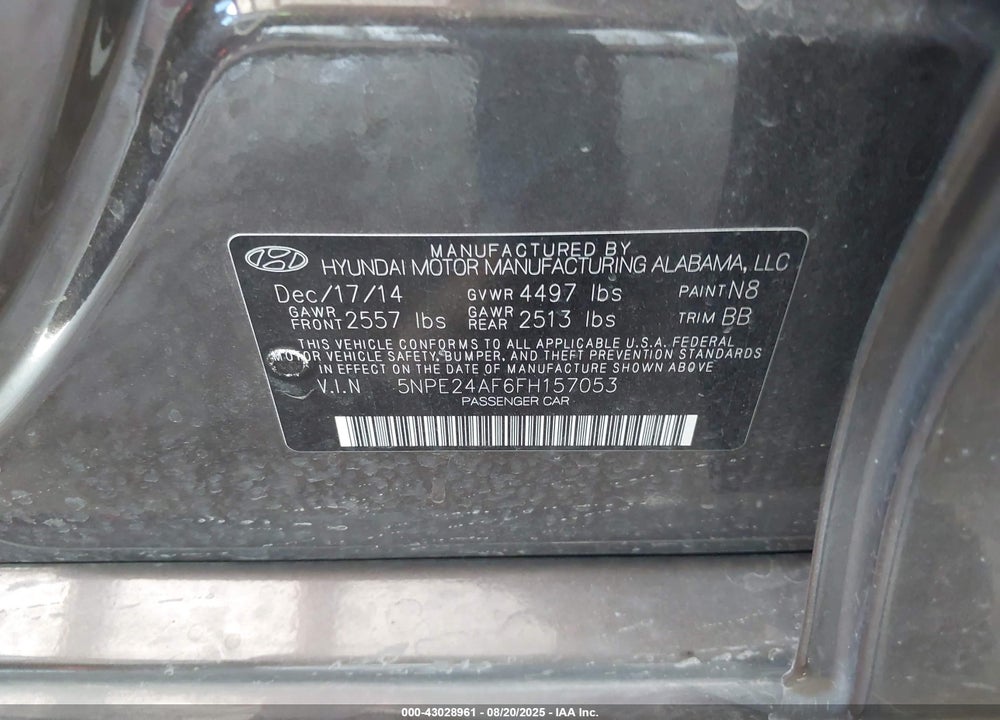 2015 HYUNDAI SONATA SE VIN: 5NPE24AF6FH157053