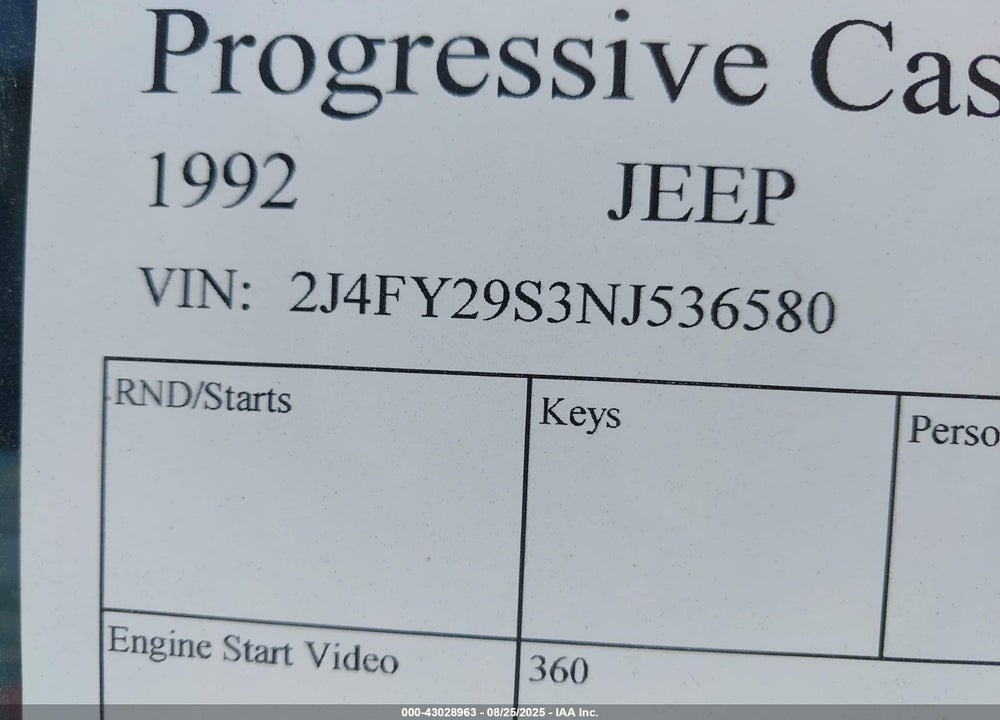 1992 JEEP WRANGLER / YJ VIN: 2J4FY29S3NJ536580
