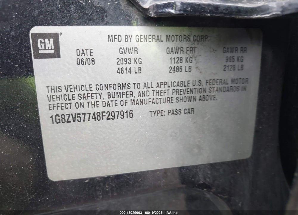 2008 SATURN AURA XR VIN: 1G8ZV57748F297916