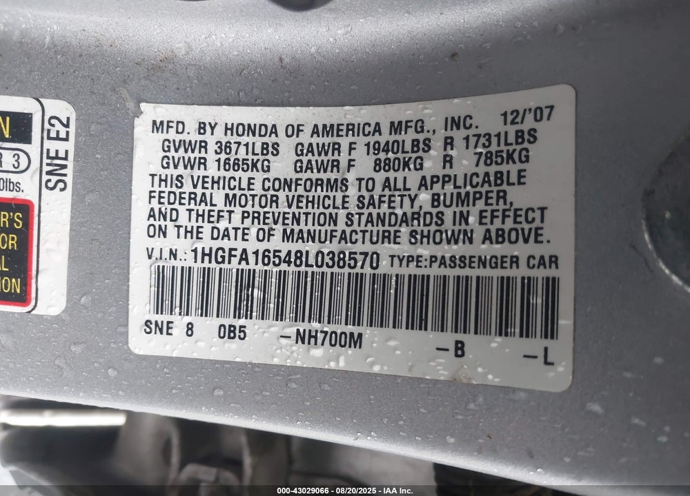 2008 HONDA CIVIC LX VIN: 1HGFA16548L038570